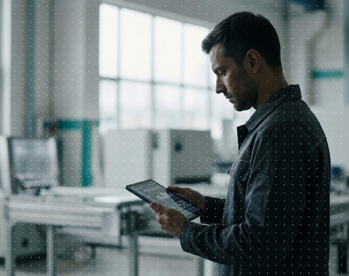 Mann nutzt Tablet in moderner Büroatmosphäre bei tensoryze.