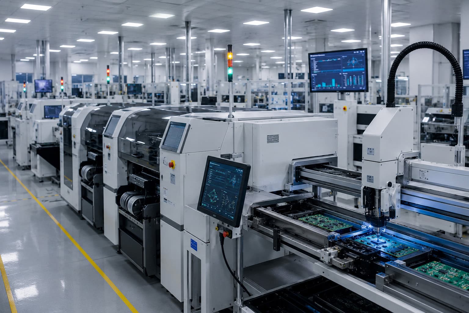 Automatisierte Elektronikproduktion in einer modernen Fabrikhalle.