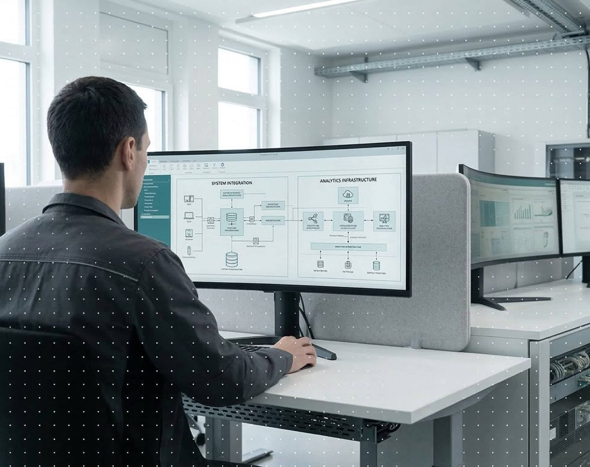 Mann arbeitet an mehreren Monitoren mit IT-Analysedaten bei tensoryze.